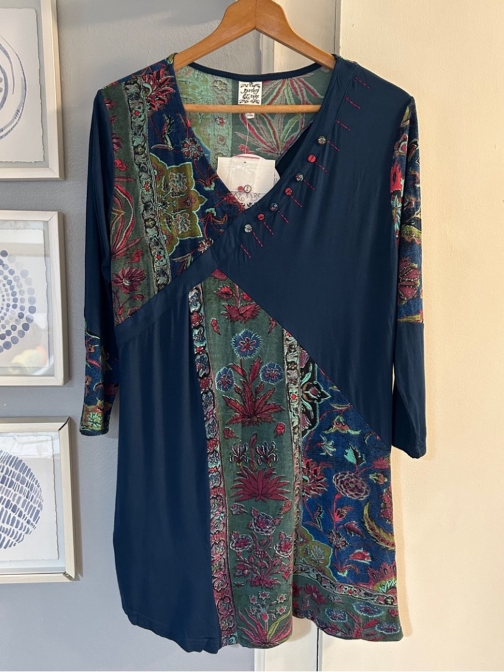 NWT Parsley & Sage Boho Chic Mixed Media Artsy Floral Patchwork Dress Size L